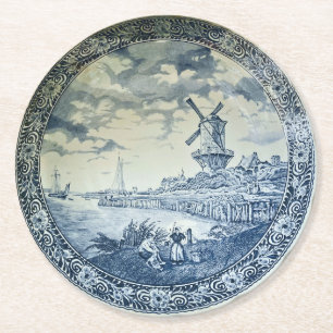 Blue Delft Windmill Dutch Plate Round Paper Coaster