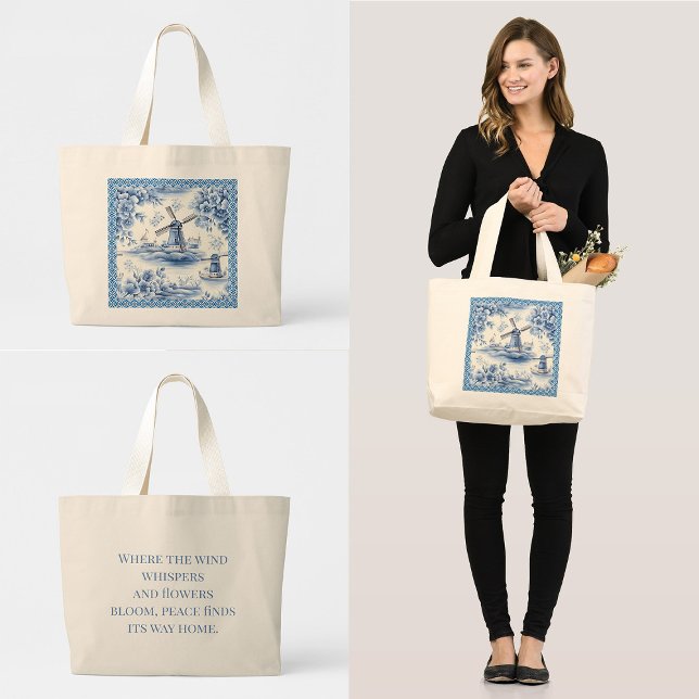 Blue Delft Windmill Floral Tile Border Quote Large Tote Bag (Dutch delft blue windmill tote bag with quote on back)