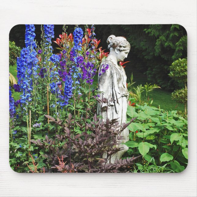 Blue delphinium flower garden and statue mouse pad (Front)