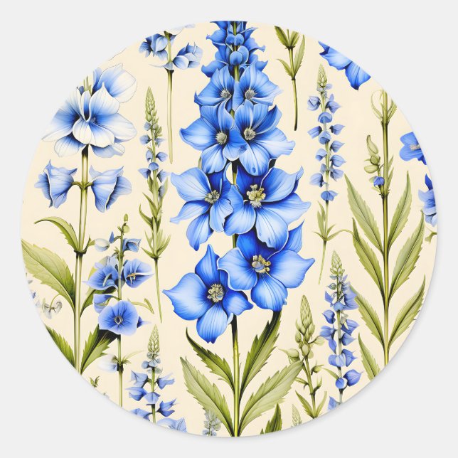 Blue Delphinium Flowers Botanical Classic Round Sticker (Front)