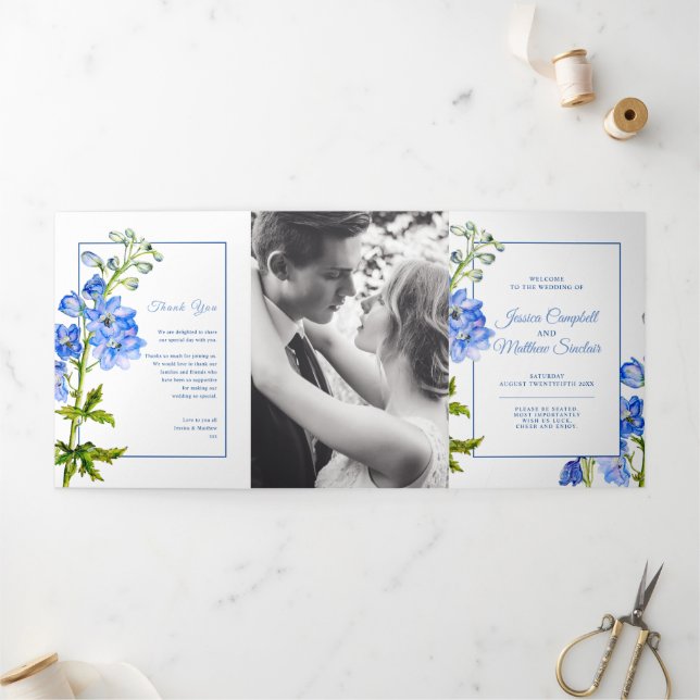 Blue delphinium flowers watercolor wedding Tri-Fol Tri-Fold Programme (Outside)