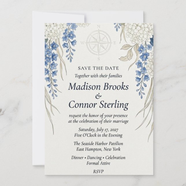 Blue Delphinium, Hydrangea, Compass, and Watercolo Invitation (Front)