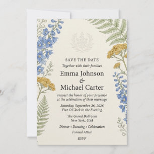 Blue Delphinium, Yellow Yarrow, Fern, and Watercol Invitation