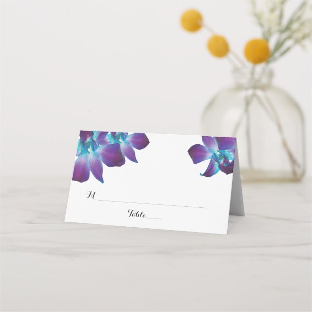 Blue Dendrobium Orchid Wedding Folded Place Cards (Front)