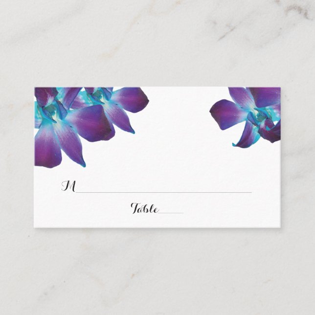 Blue Dendrobium Orchid Wedding Place Cards (Front)