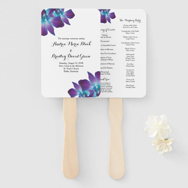 Blue Dendrobium Orchid Wedding Program Fan (Front and Back)