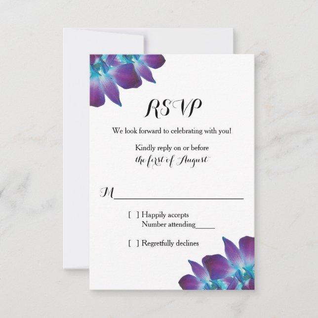 Blue Dendrobium Orchid Wedding RSVP Card (Front)