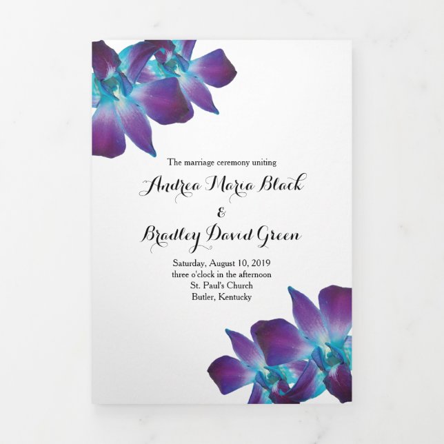 Blue Dendrobium Orchid Wedding Tri-Fold Programme (Cover)