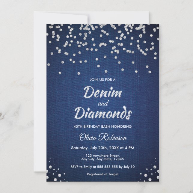 Blue Denim and Diamonds 40th Birthday  Invitation (Front)