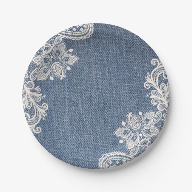 Blue Denim and Lace Country Chic Paper Plate (Front)