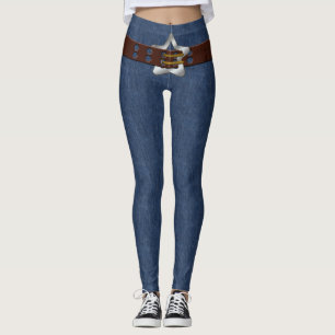 Blue Denim Brown Leather Belt Silver Star Buckle Leggings