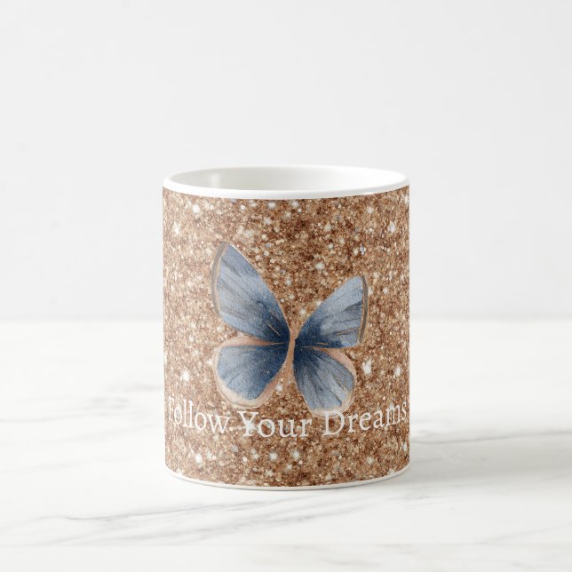 Blue Denim Butterfly Rustic Gold Glitter Coffee Mug (Center)