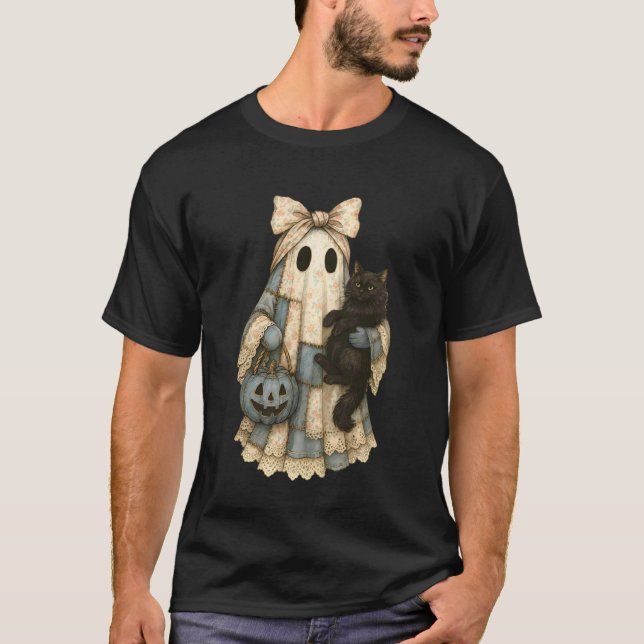Blue Denim Cat Black Ghost Patchwork Halloween Cos T-Shirt (Front)