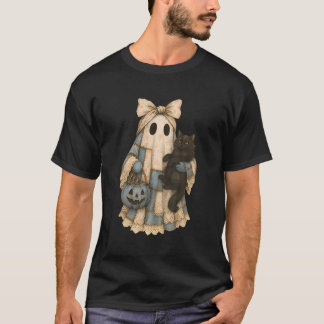Blue Denim Cat Black Ghost Patchwork Halloween T-Shirt