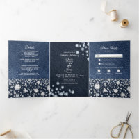 Blue Denim & Diamonds Glam Trifold Wedding Program