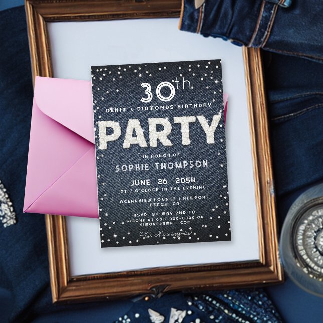 Blue Denim Diamonds Glitter Any Age Birthday Party Invitation (Denim and Diamonds 30th Birthday Party Invitation for Women Classy Rhinestones Dropes Bling Party)