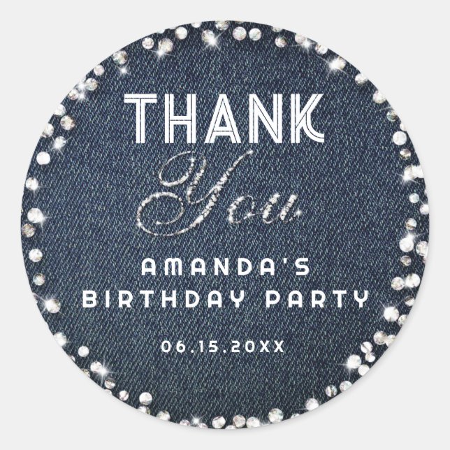 Blue Denim Diamonds Glitter Rhinestones Thank You Classic Round Sticker (Front)