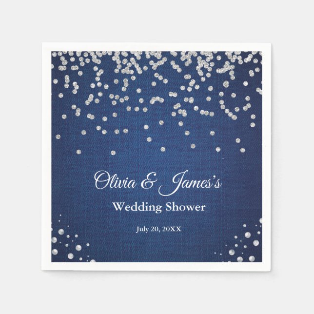 Blue Denim Diamonds Pearls Couple's Wedding Shower Napkin (Front)