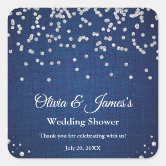 Blue Denim Diamonds Pearls Couple's Wedding Shower Square Sticker