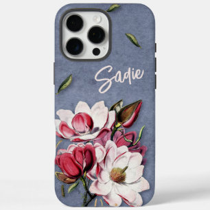Blue Denim Floral Monogrammed iPhone 16 Pro Max Case