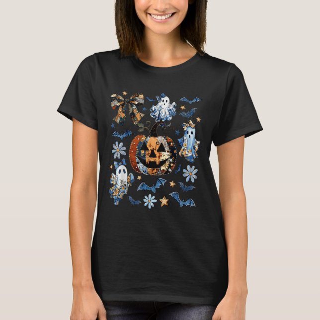 Blue Denim Floral Patchwork Pumpkin Ghost Coquette T-Shirt (Front)