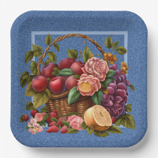Blue Denim Fruit And Flowers Paper Plate