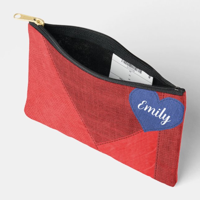 Blue Denim Heart On Red Accessory Pouch (Open)