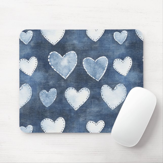 Blue Denim Hearts Mouse Pad (With Mouse)