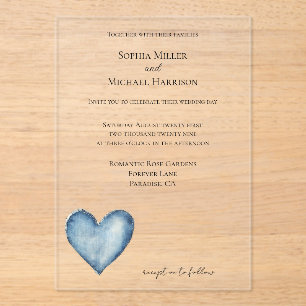 Blue Denim Jean Heart Wedding Acrylic Invitations