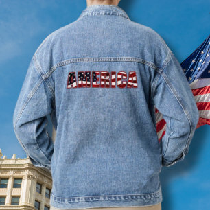 Blue Denim Jean Jacket America USA Flag