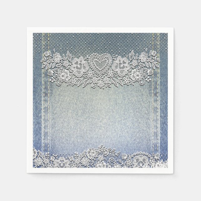 Blue Denim Jean & White Heart Lace Bridal Shower Napkin (Front)