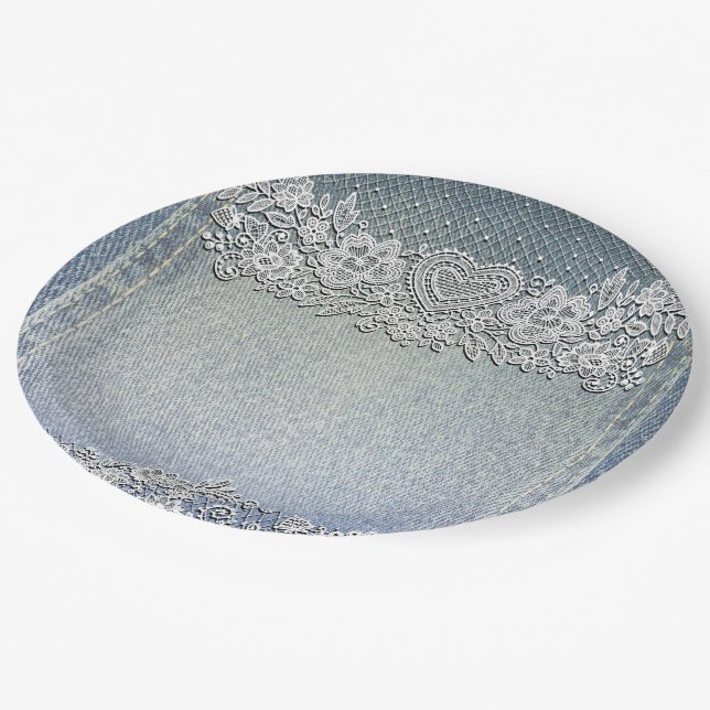 Blue Denim Jean & White Heart Lace Bridal Shower Paper Plate (Angled)