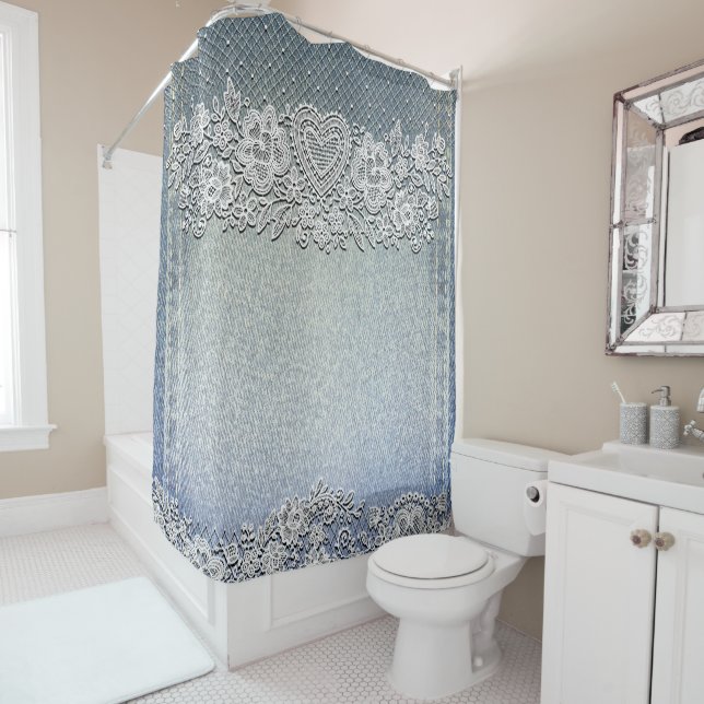 Blue Denim Jean & White Heart Lace Shower Curtain (In Situ)