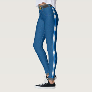 Blue Denim Jeans, Belt, Pockets & Rivets, Stripes Leggings