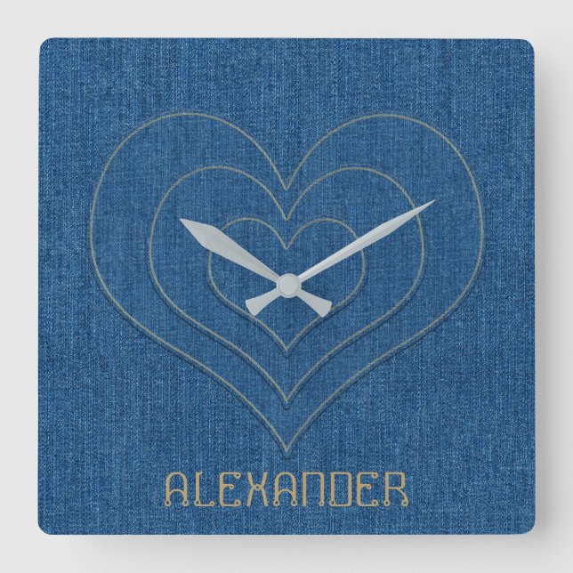 Blue Denim Jeans Fabric 3 Hearts Personalised Name Square Wall Clock (Front)