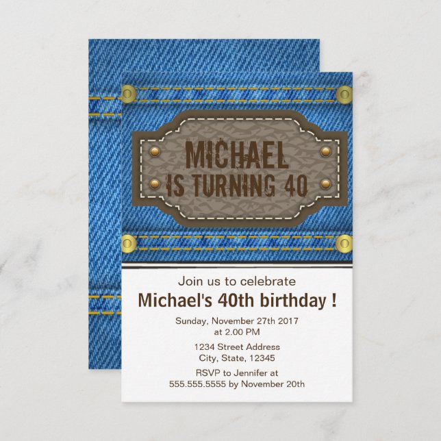 Blue denim jeans with leather label birthday party invitation (Front/Back)