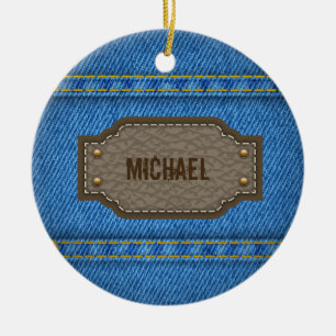 Blue denim jeans with leather name label ceramic tree decoration