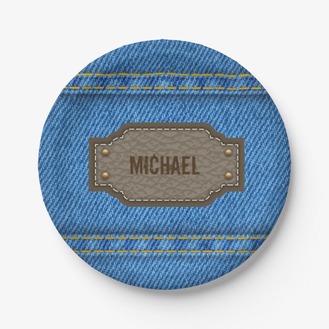 Blue denim jeans with leather name label paper plate (Front)