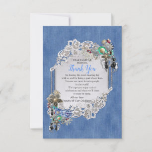 Blue Denim, lace and Costume Jewellery Thank You RSVP Card