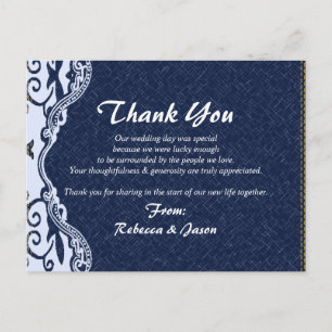blue denim lace country wedding thank you postcard