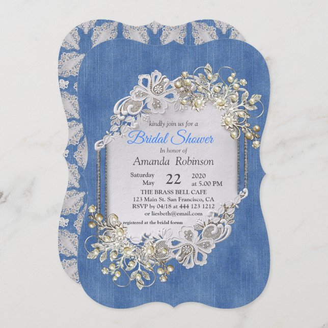 Blue Denim, lace - Ivory Pearls Invitation (Front/Back)