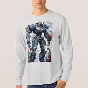 Blue Denim Mech Robot with Red Roses T-Shirt