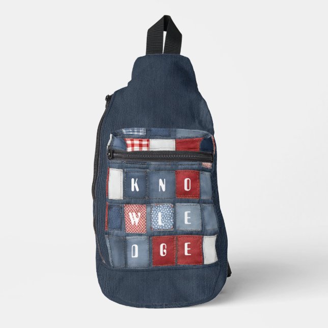 Blue Denim Patchwork Knowledge  Sling Bag (Front)
