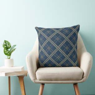 Blue Denim Plaid and Striped Pattern Cushion
