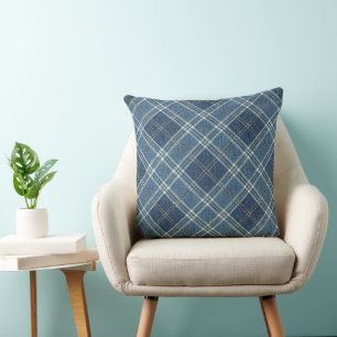 Blue Denim Plaid and Striped Pattern Cushion