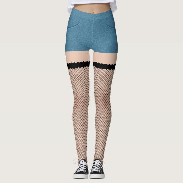 Blue Denim Shorts With Fishnet Tights (Front)