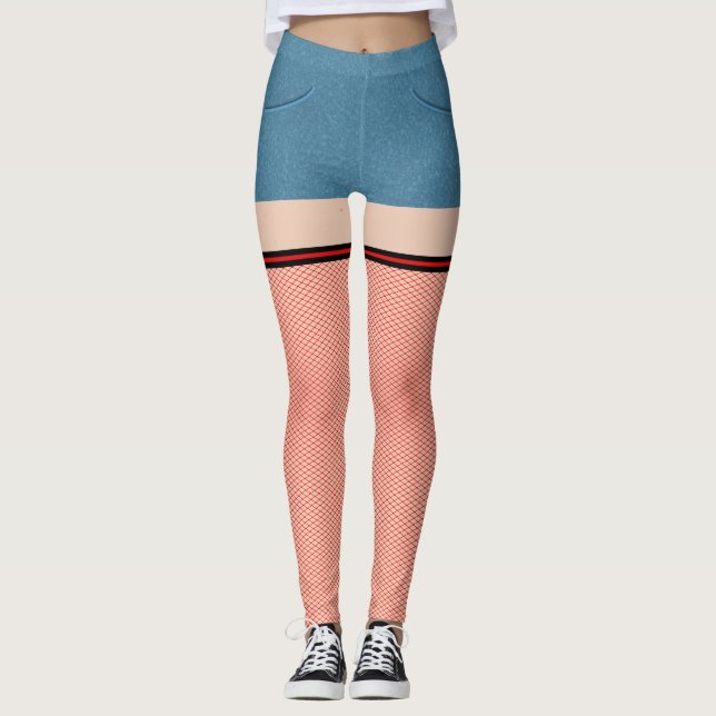 Blue Denim Shorts With Red & Black Fishnets Leggings (Front)