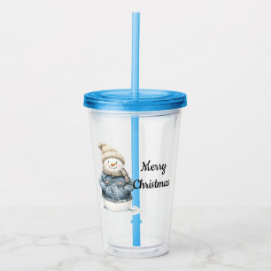 Blue Denim Snowman Christmas Acrylic Tumbler