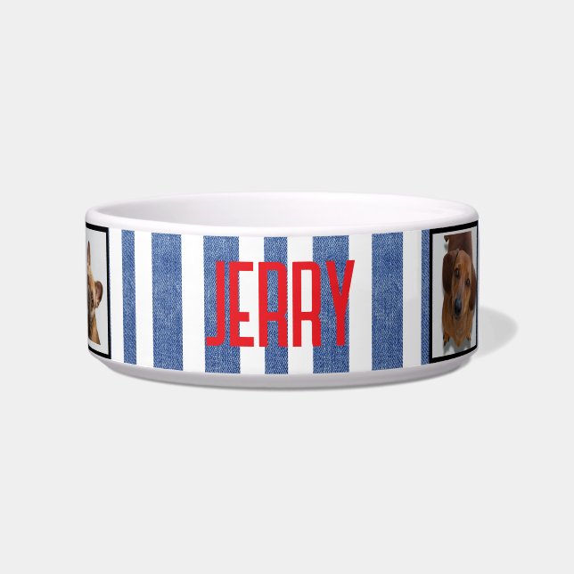 🐾 Blue Denim Stripes on White Pattern Name Photo Bowl (Front)
