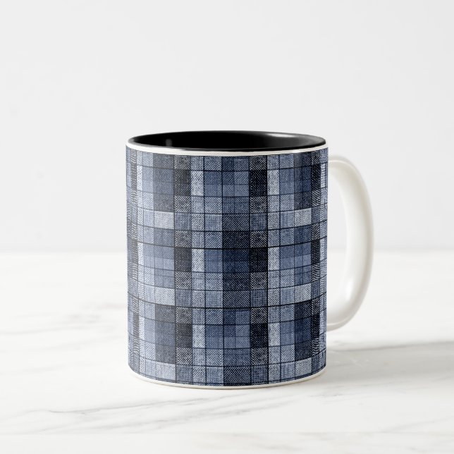 Blue, denim, tartan, plaid . Two-Tone coffee mug (Front Right)